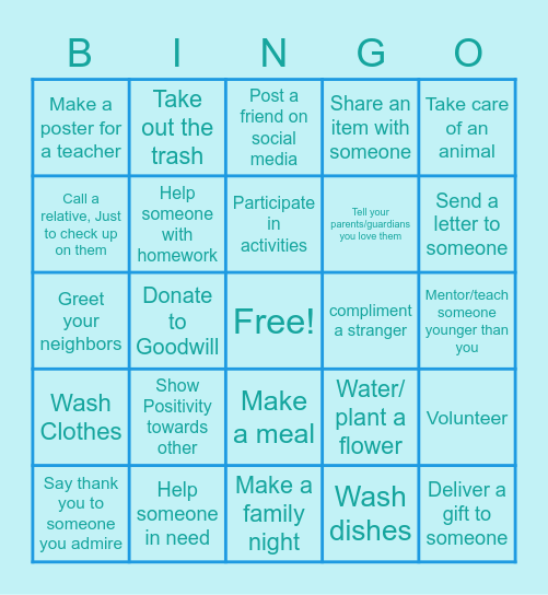 Kindness Act Bingo Card