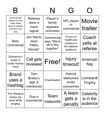 Super Bowl LV Bingo Card