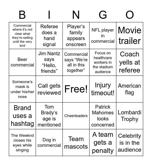 Super Bowl LV Bingo Card