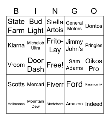 Super Bowl Commercial Bingo! Bingo Card