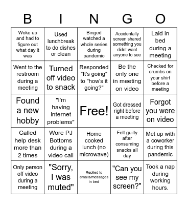 Remote Work Bingo Card