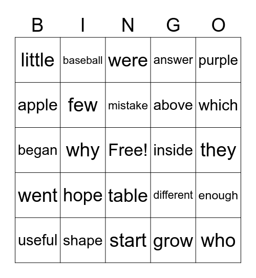 Sight Word Bingo Card