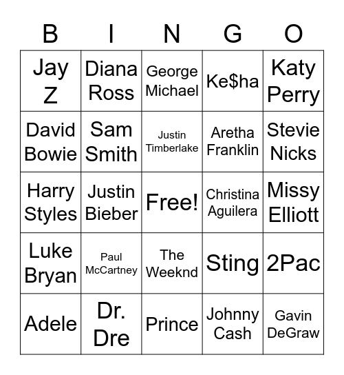 Name That Artist Bingo Card