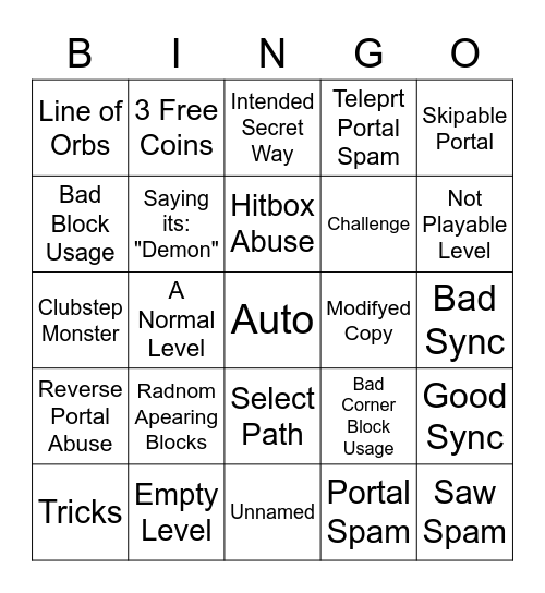Recent Tab Level Bingo Card