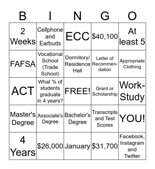 College Fair BINGO! Bingo Card