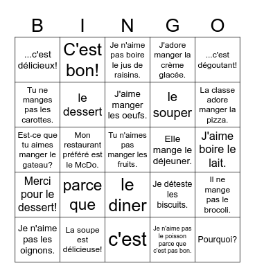 La Nourriture Bingo Card