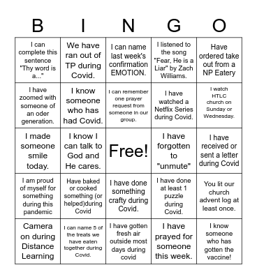 Confirmation Covid BINGO 2021 Bingo Card