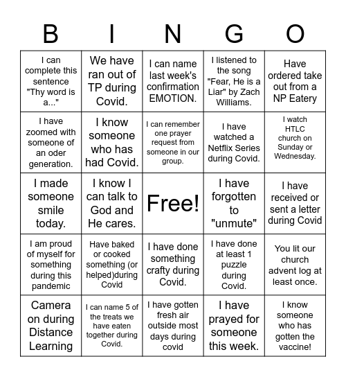 Confirmation Covid BINGO 2021 Bingo Card