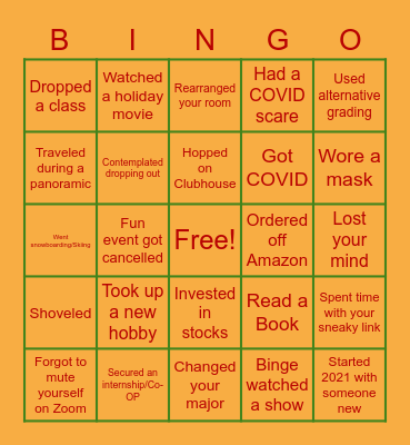 Winter Break/Back 2 School Edition Bingo Card