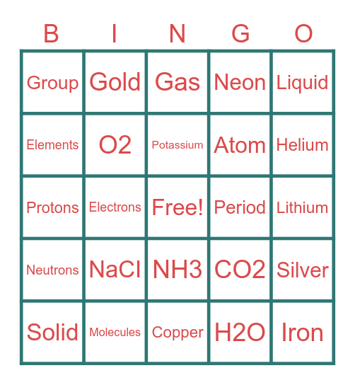 Periodic Table Bingo Card