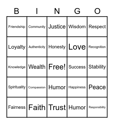 Values Bingo Card