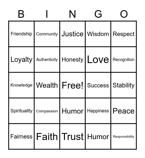 Values Bingo Card