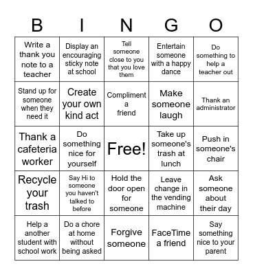 Random Acts of Kindness Bingo Card