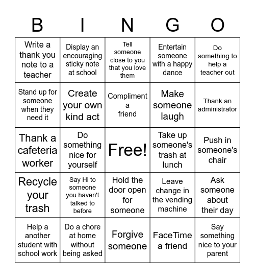 Random Acts Of Kindness Bingo Card