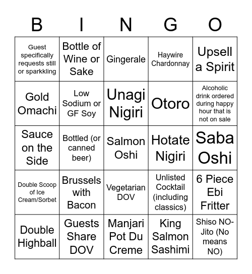 Minami Lunch Bingo Card