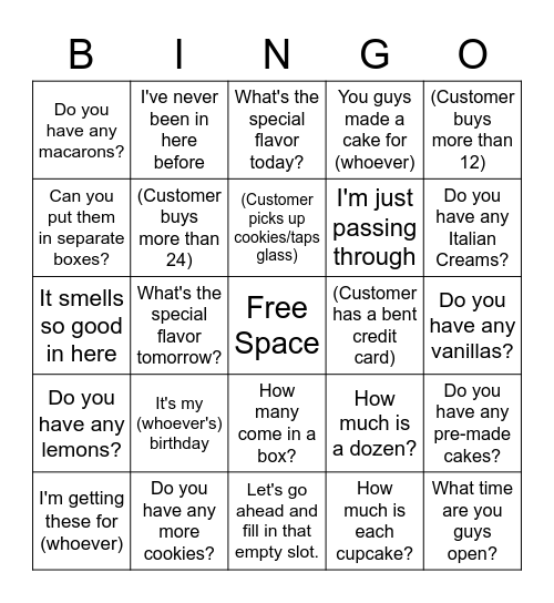 Bakery Cottage Customer Bingo Card