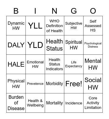 Dimensions & Health Status Bingo Card