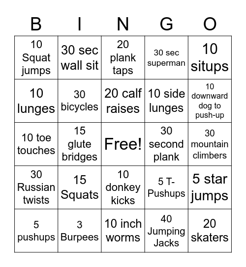 Workout Bingo Card