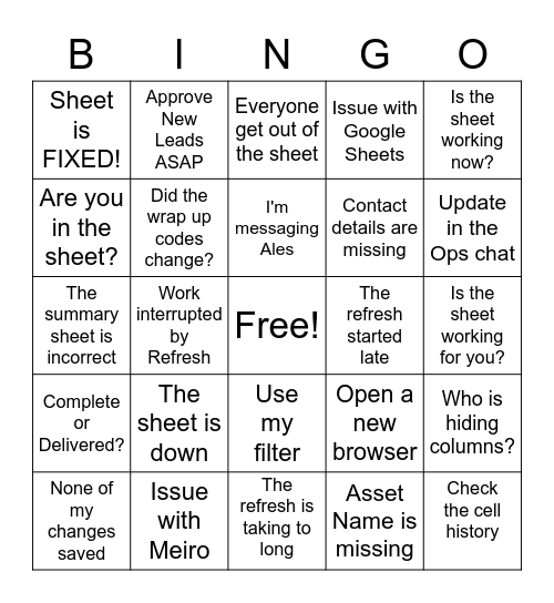 QA Sheet Bingo Card
