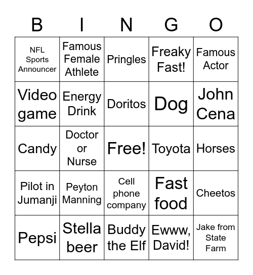 Superbowl Commercials 2021 Bingo Card