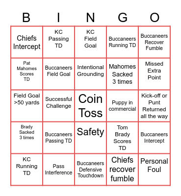 Superbowl 55 Bingo Card