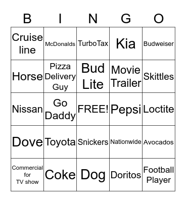 SUPER BOWL COMMERCIALS Bingo Card