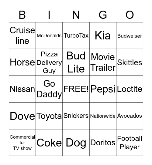 SUPER BOWL COMMERCIALS Bingo Card