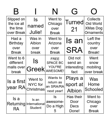 Winter Training Bingo Card