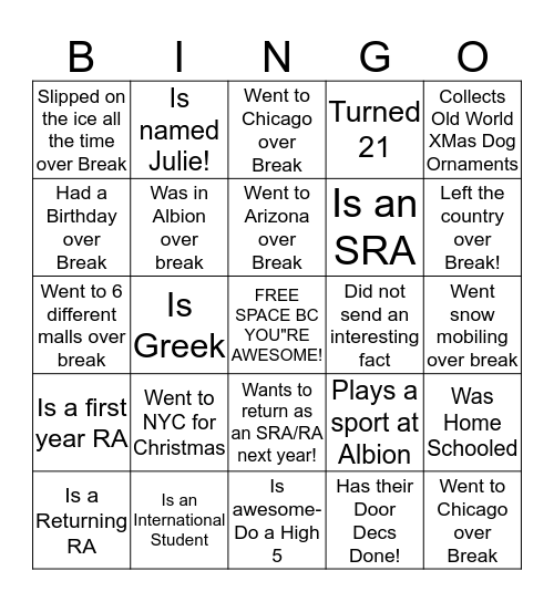 Winter Training Bingo Card