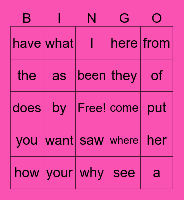Valentine's Sight Words Bingo Card