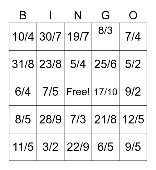 Mixed Number to Improper Fractions Bingo Card
