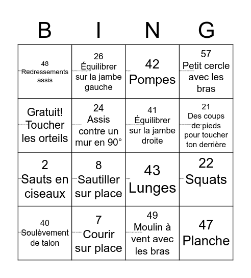 Bingo en mouvement Bingo Card