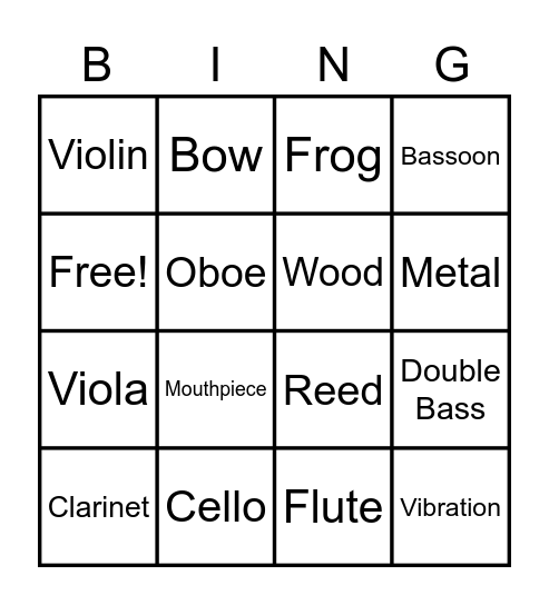 Strings and Woodwinds Bingo Card
