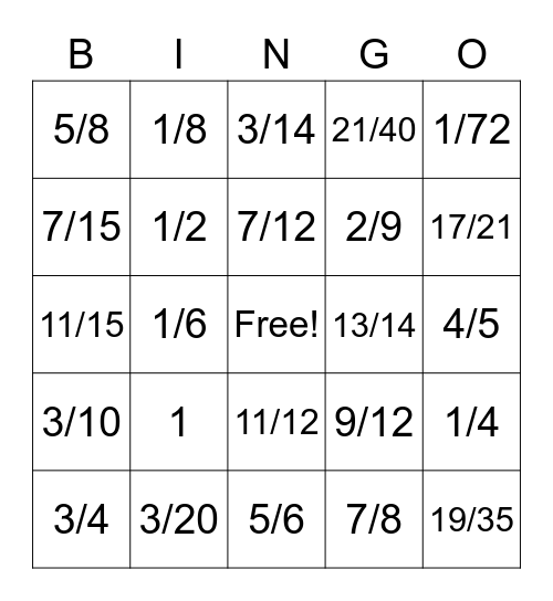 Fraction Bingo Card
