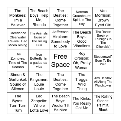1960s Bingo Card