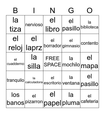 Spanish School Vocab  Bingo Card