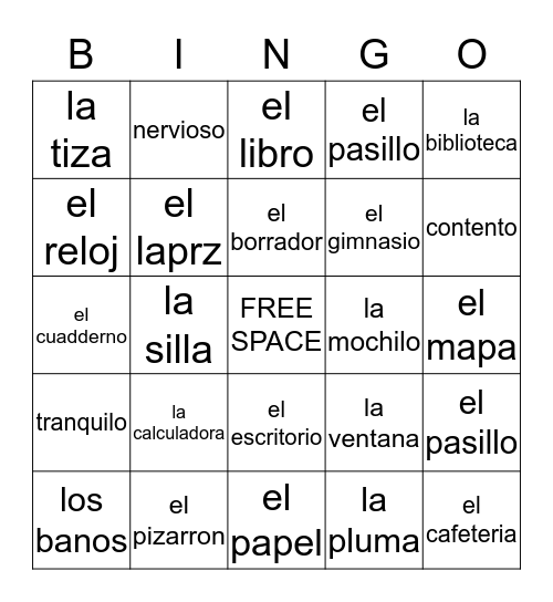 Spanish School Vocab  Bingo Card
