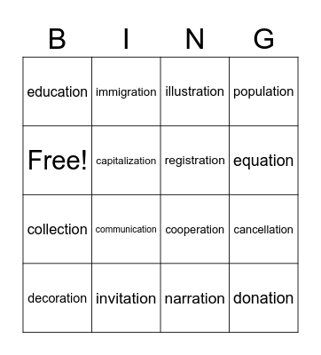 Suffixes - ion Bingo Card