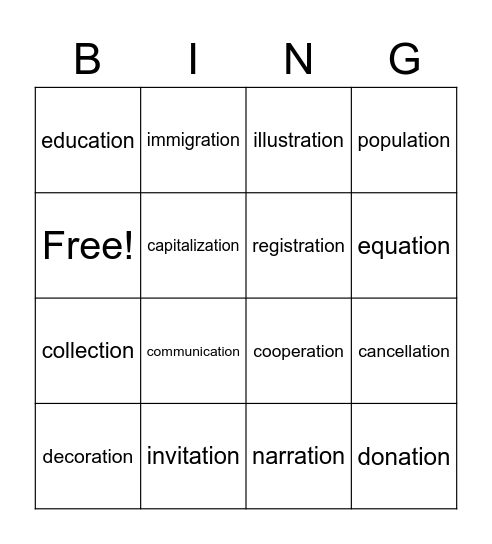 Suffixes - ion Bingo Card