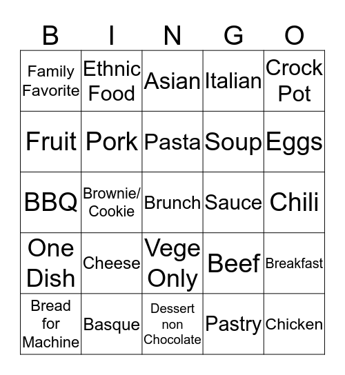 Recipe Card Bingo Card