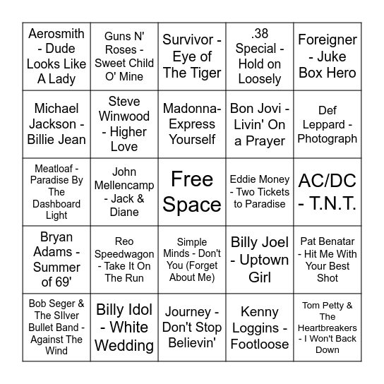 1980s Bingo Card