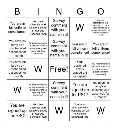 Walgreens Skill & Will Bingo Card