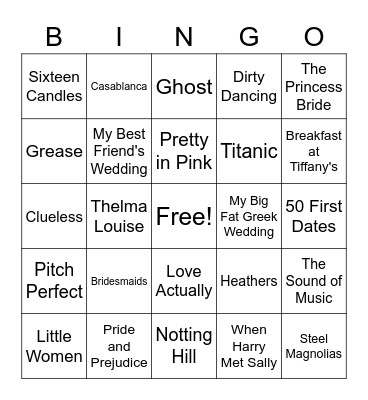 Chick Flicks Bingo Card