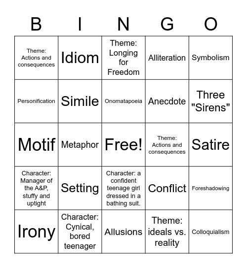 A&P by John Updike Bingo Card