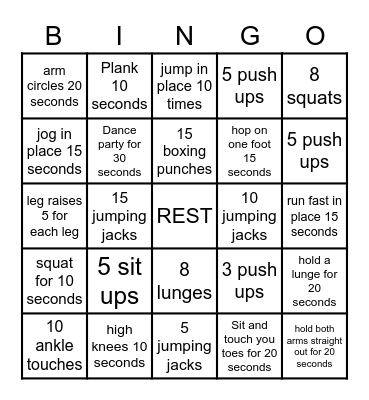 Fitness Bingo Card
