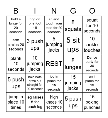 Fitness Bingo Card