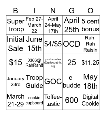 Cookie Bingo Card