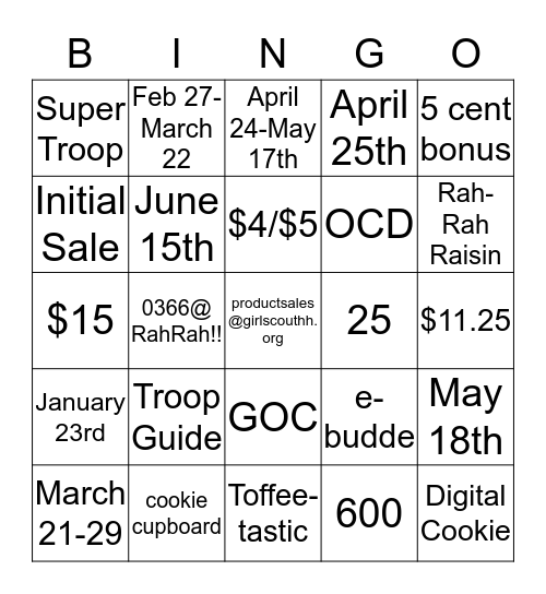 Cookie Bingo Card