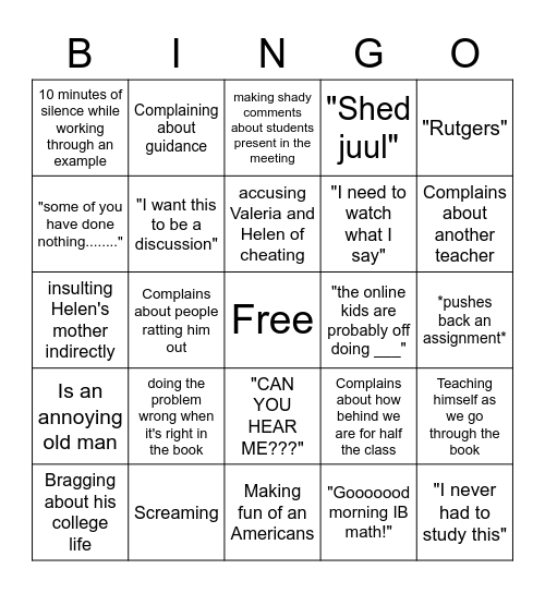 Shannon's Class Bingo Card