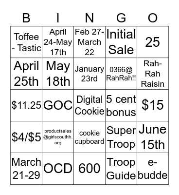 Cookie Bingo Card